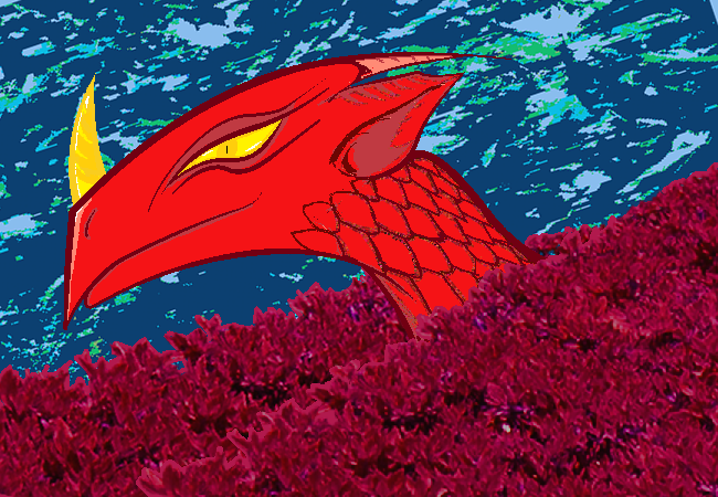 A red scaled dragon with golden eyes